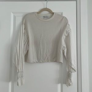 Zara White Knit/Woven Ruffle Sleeve Top